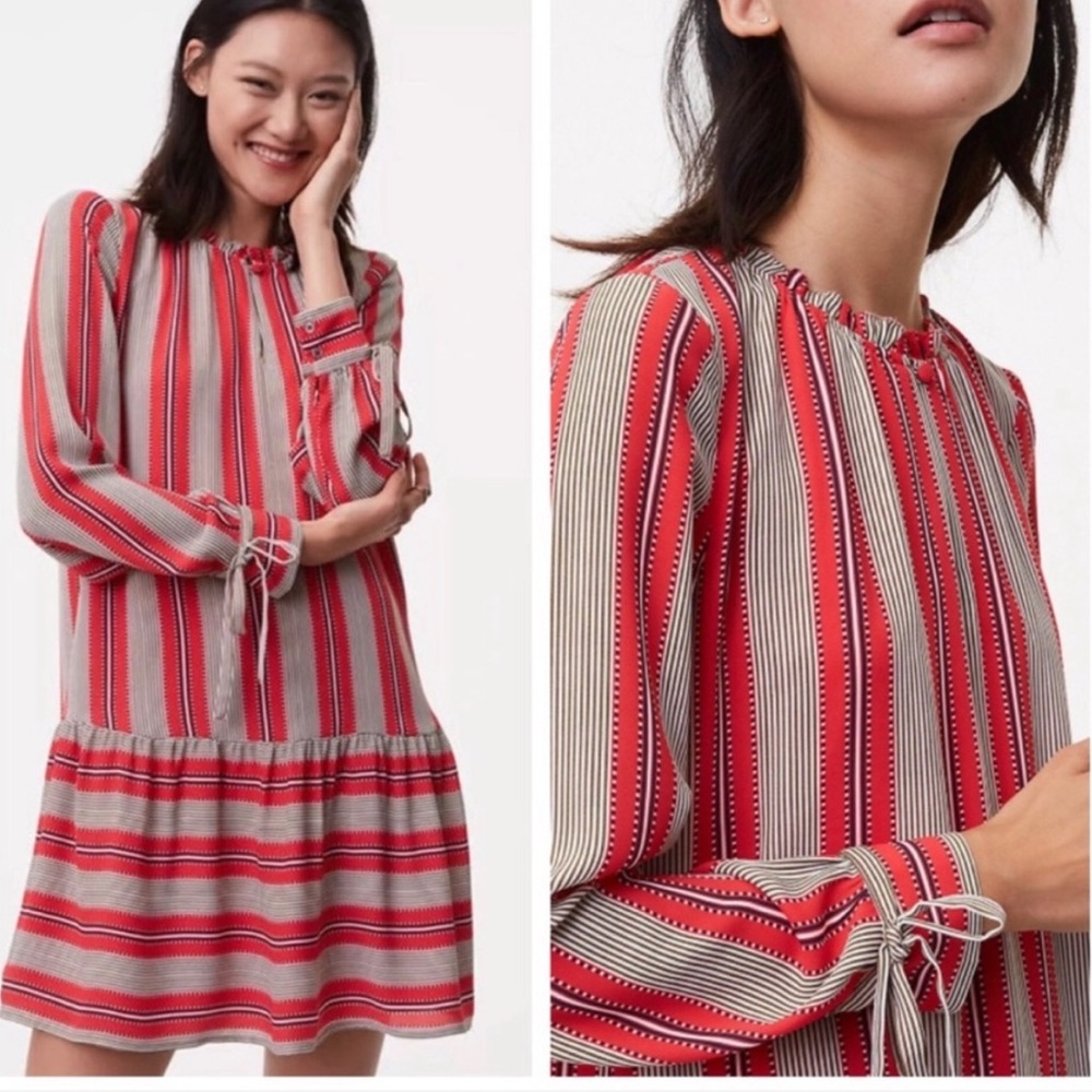 NWT! LOFT red striped flounce drop waist long sleeve dress!